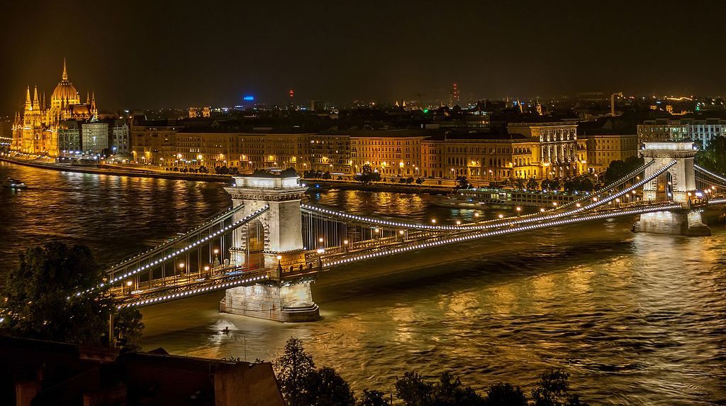 Trung tâm thành phố Budapest với cầu Széchenyi buổi tối